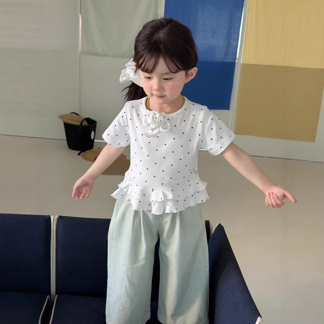 【90-140cm】(2色)韓版波點荷葉邊T