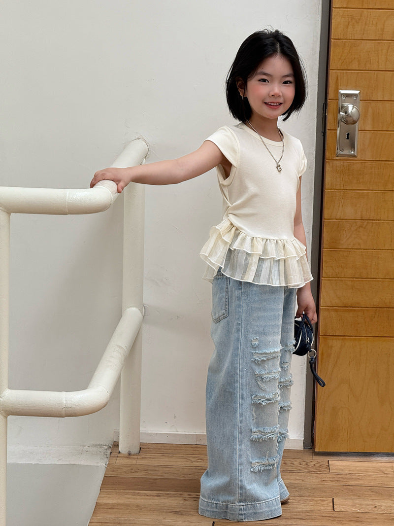 【120-160cm】彈性荷葉邊拼接短袖上衣