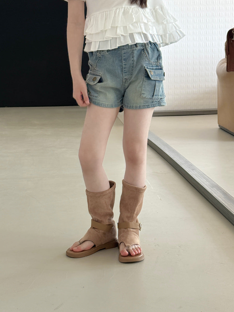 【100-130cm】復古做舊修身牛仔熱褲