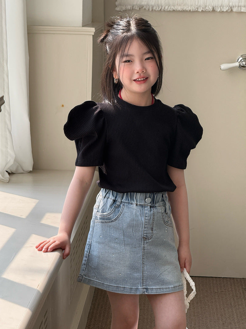 【120-160cm】韓版泡泡袖針織短袖