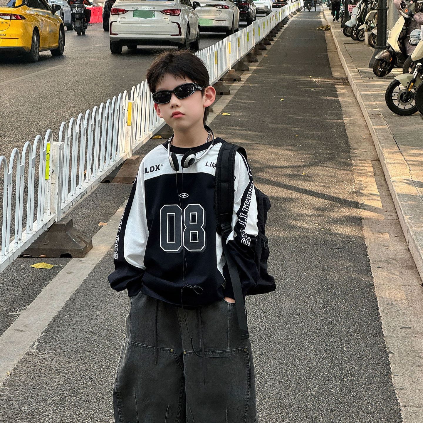 【90-160cm】帥氣街頭寬鬆撞色長袖純棉T