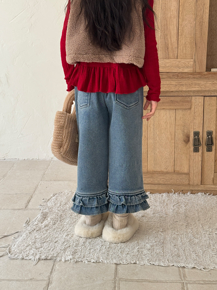 【現貨 110cm】【加絨】花邊褲腳直筒褲