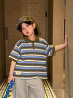 【90-150cm】條紋撞色polo短袖