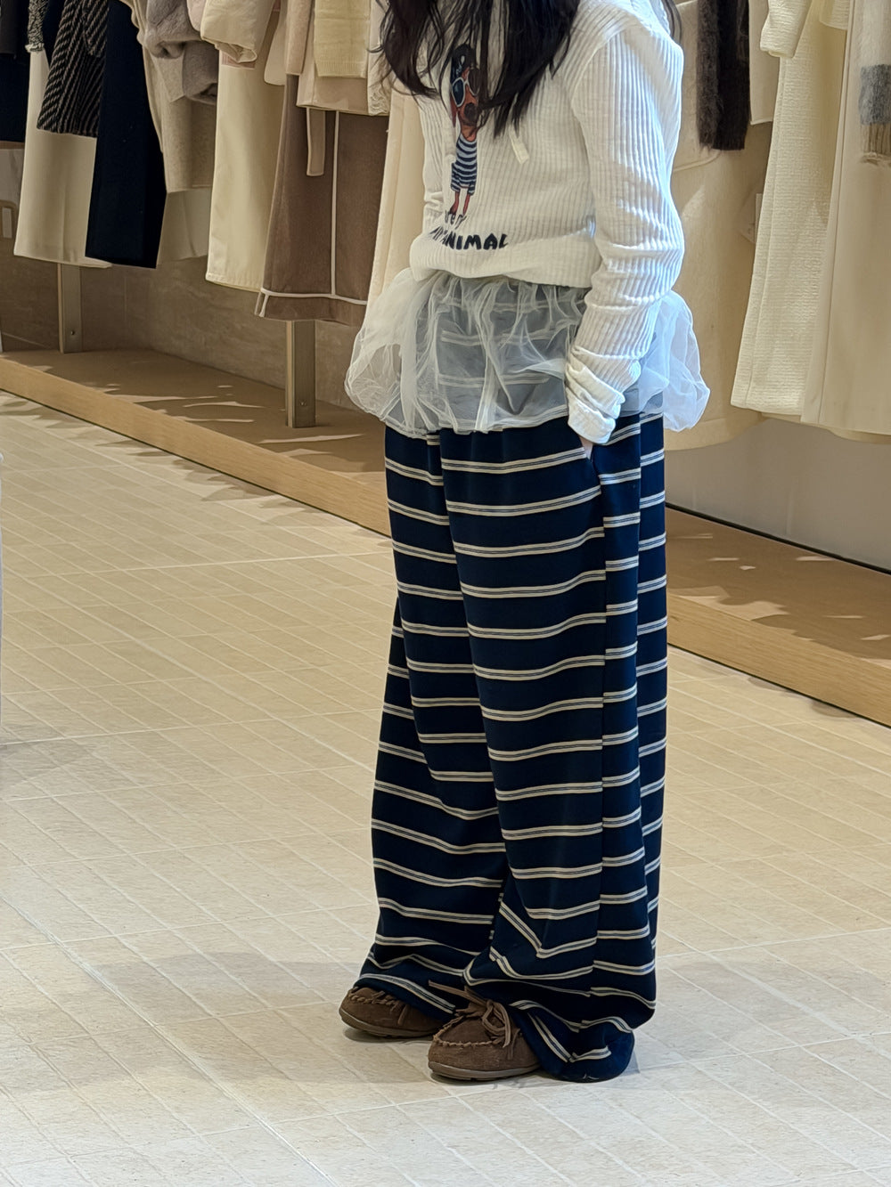 【100-160cm】輕薄寬鬆條紋闊腿褲