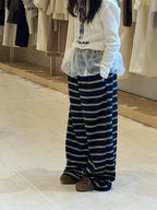 【100-160cm】輕薄寬鬆條紋闊腿褲
