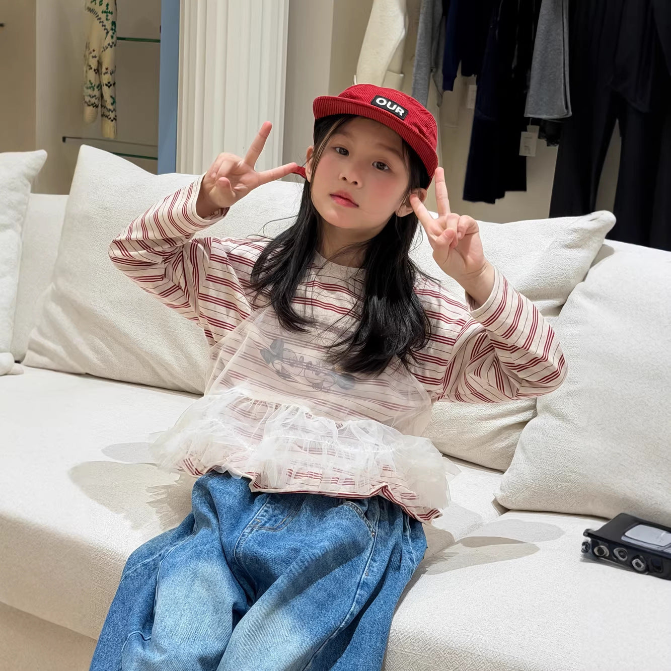 【100-160cm】百搭條紋米奇印花T+網紗兩件套