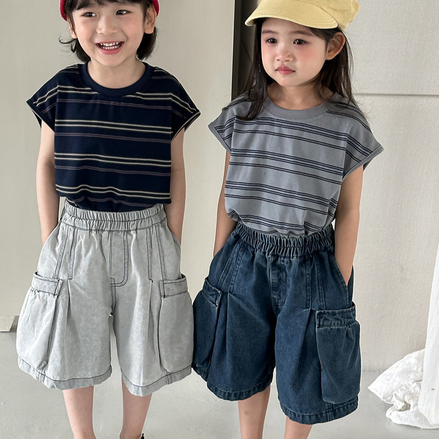 【80-140cm】做舊寬鬆口袋工裝牛仔中褲