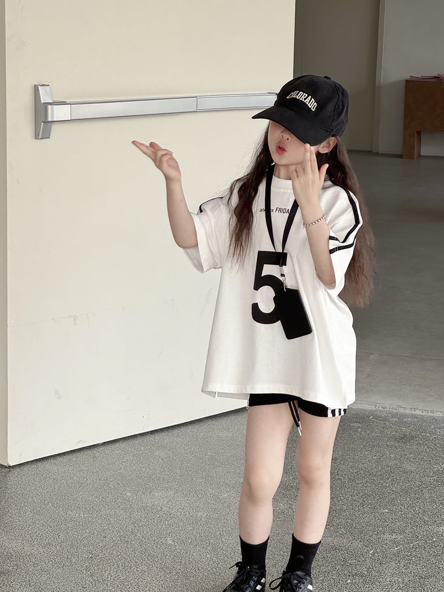 【100-150cm】美式復古街頭織帶數字短袖