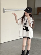 【100-150cm】美式復古街頭織帶數字短袖