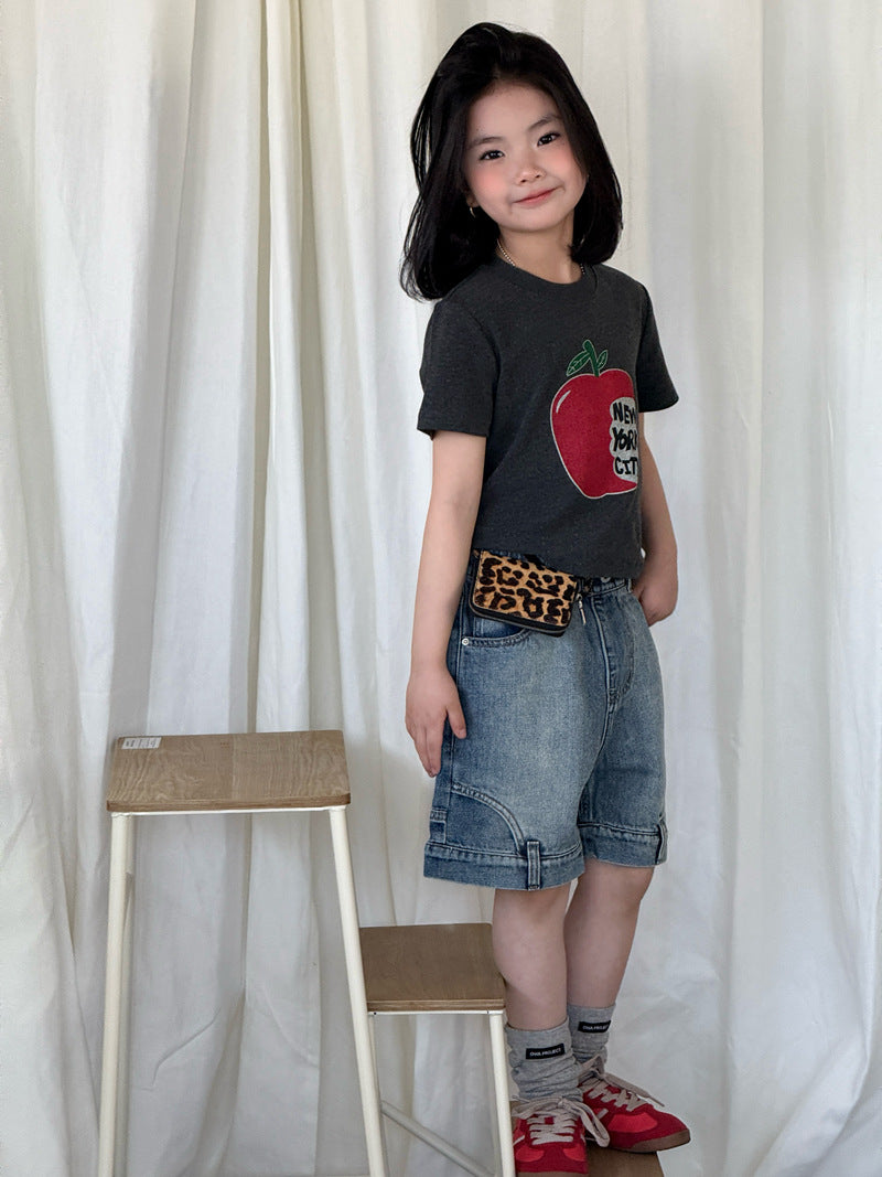 【120-160cm】復古色不規則牛仔中褲