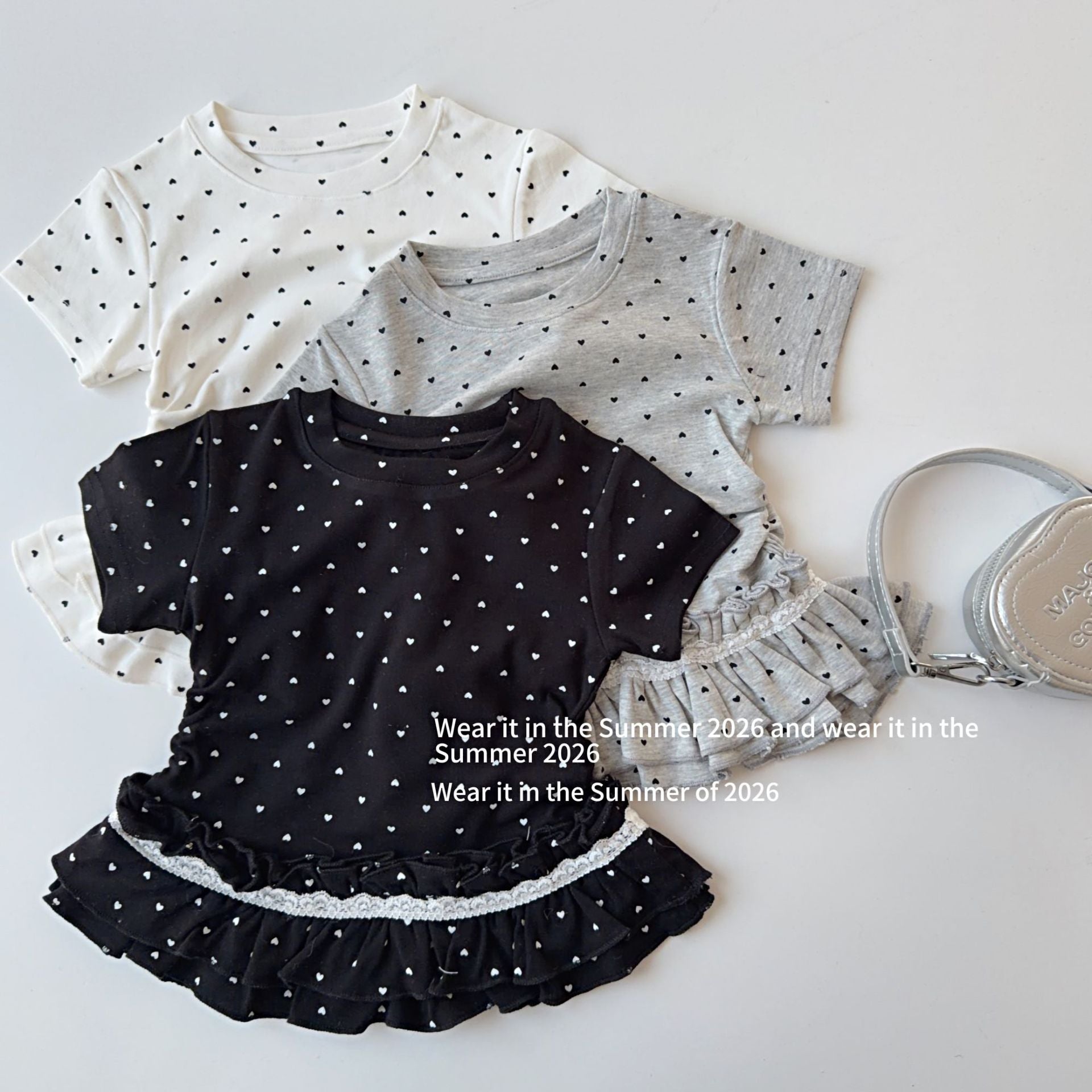 【90-150cm】愛心波點蕾絲花邊下擺上衣