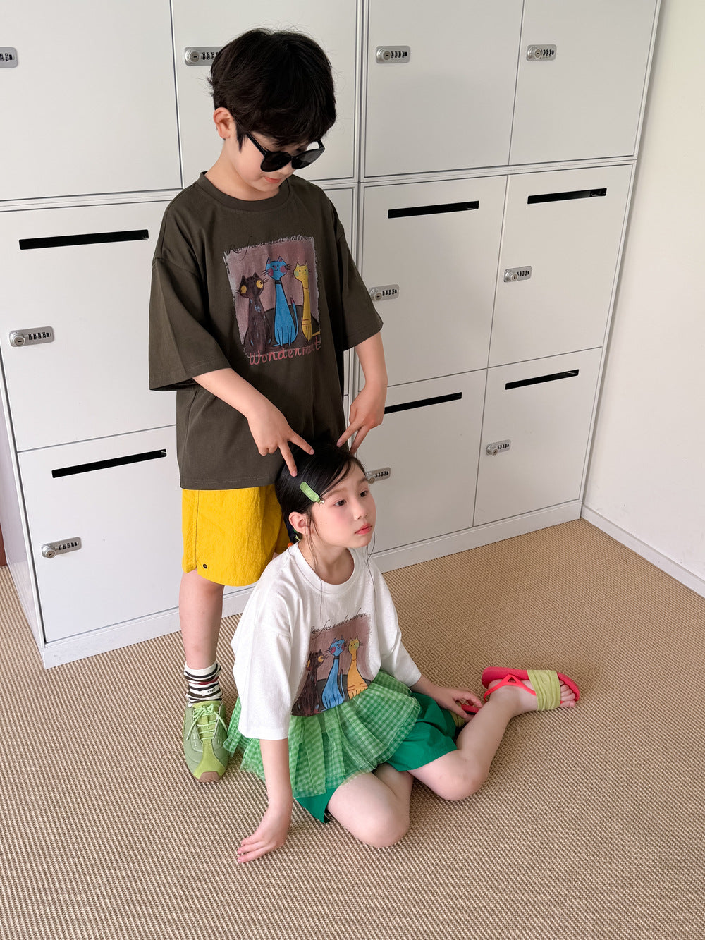 【100-160cm】韓版貓咪卡通T