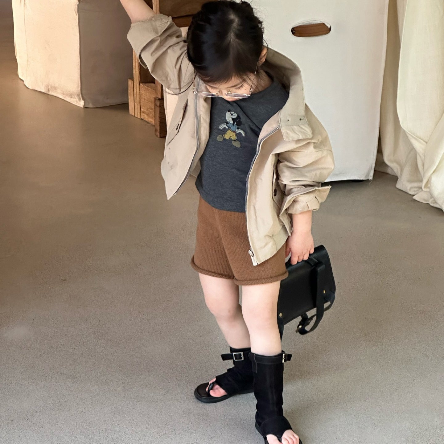 【90-140cm】立領短版夾克|毛線短褲