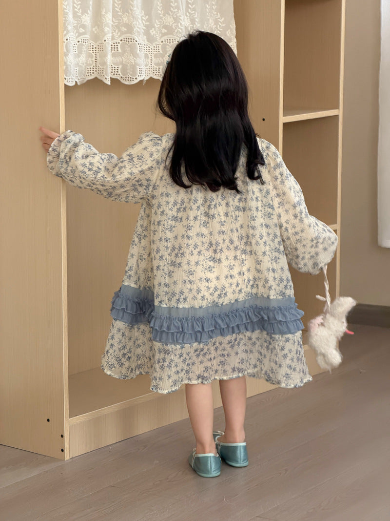 【90-140cm】雪紡碎花連身裙 | 小清新拼條公主連身裙
