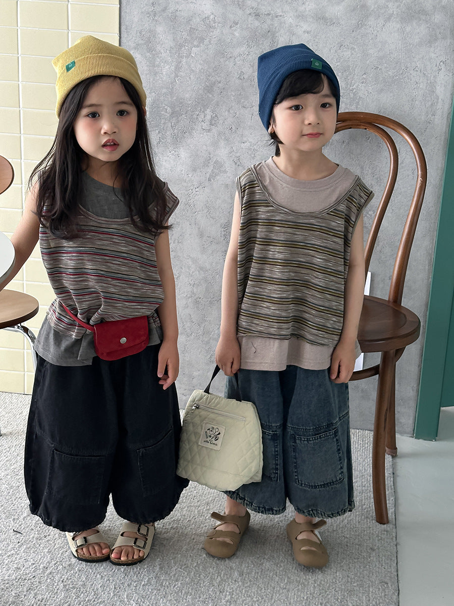 【80-140cm】條紋假兩件背心拼接無袖T