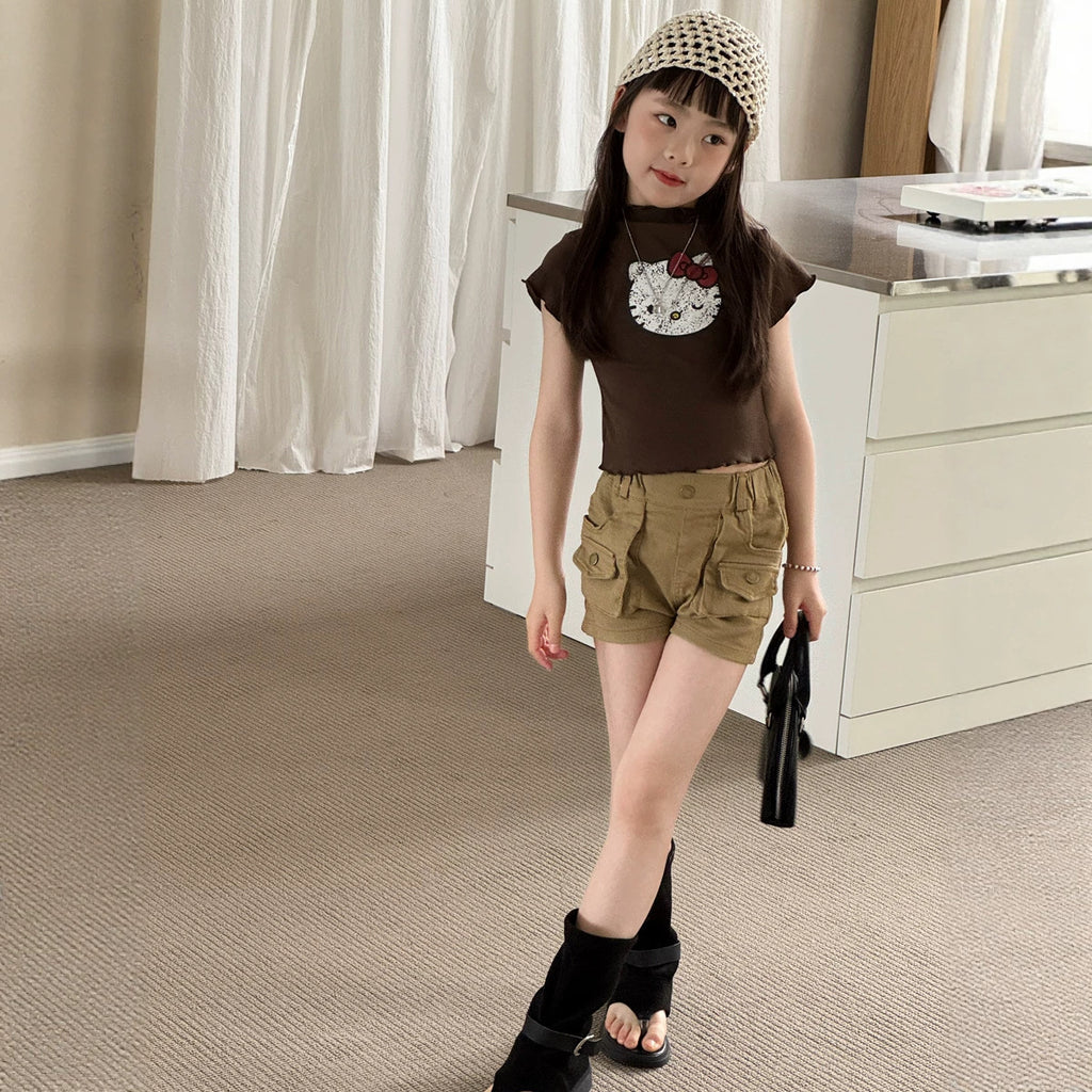 【100-150cm】美式辣妹復古印花木耳邊T