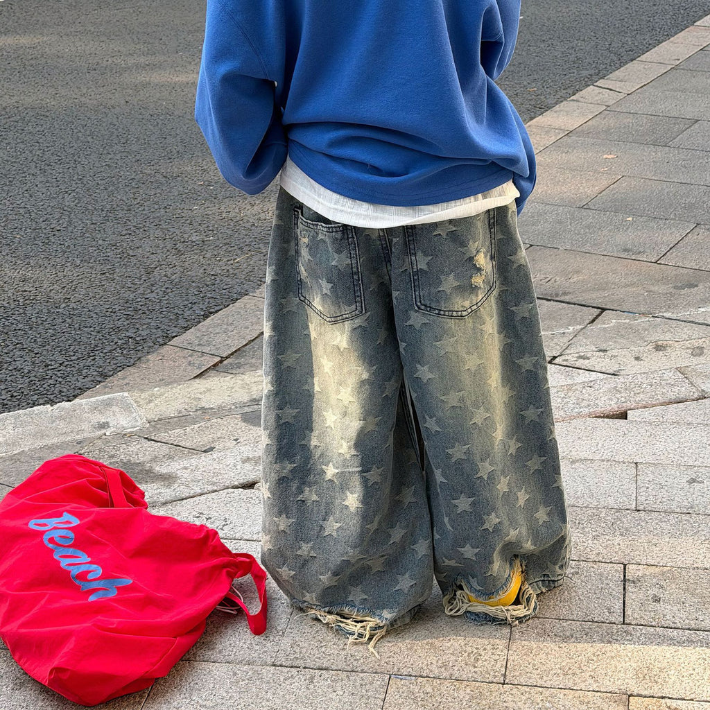 【90-160cm】設計感破洞水洗牛仔褲