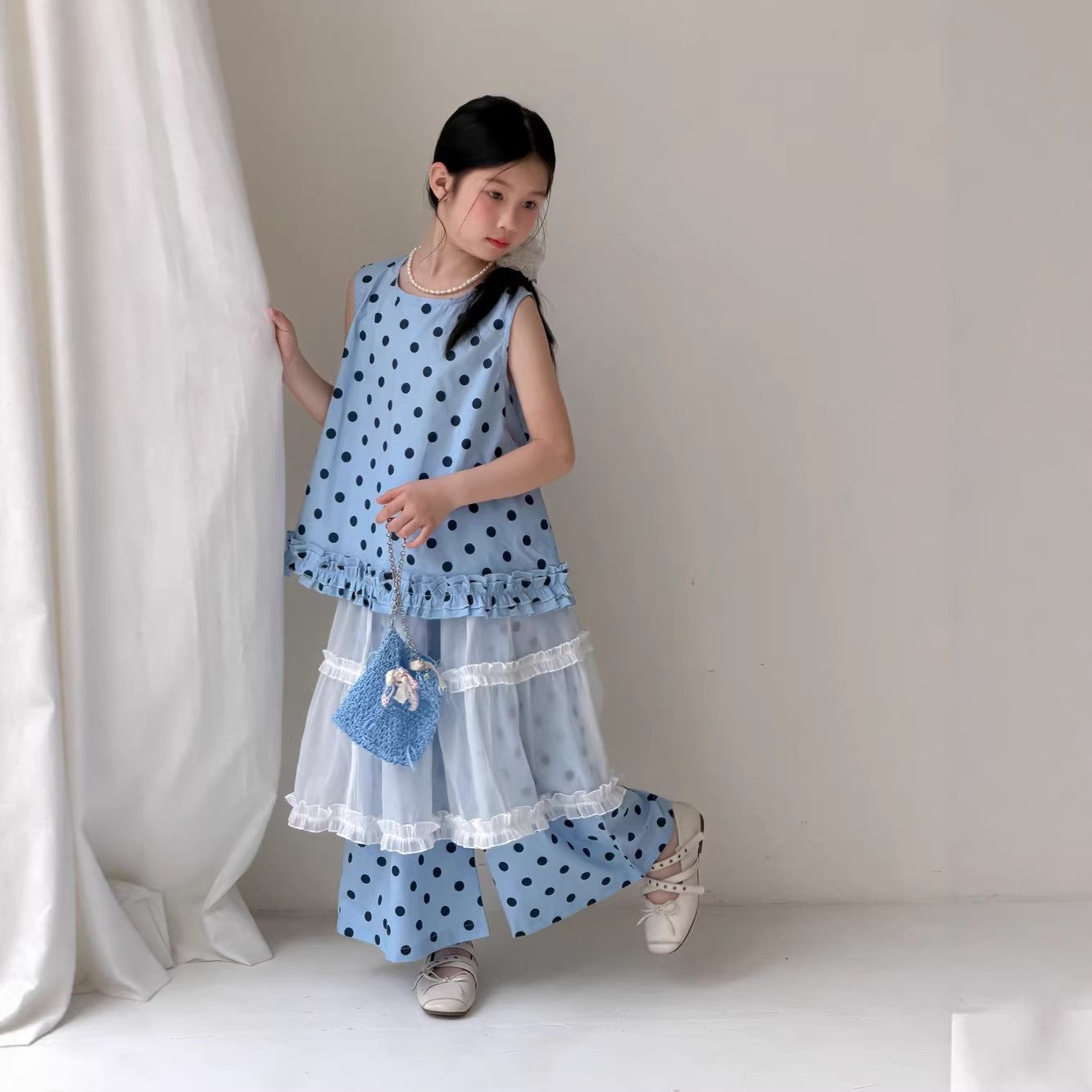 【100-160cm】韓版圓點花邊套裝