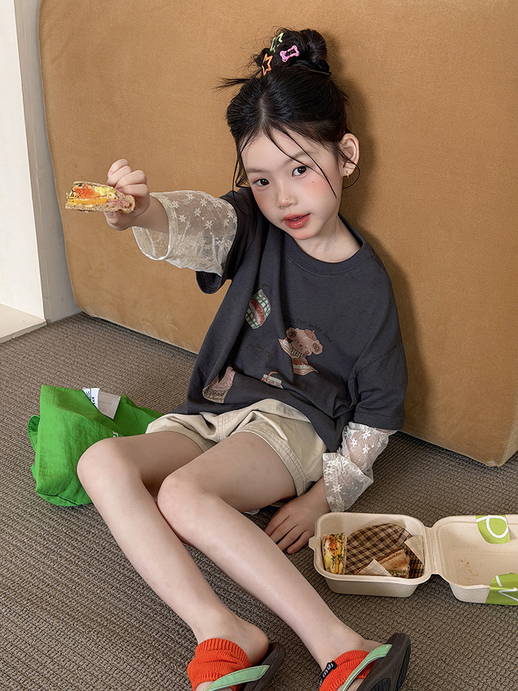 【100-170cm】氛圍感韓系甜美假兩件防曬蕾絲袖T