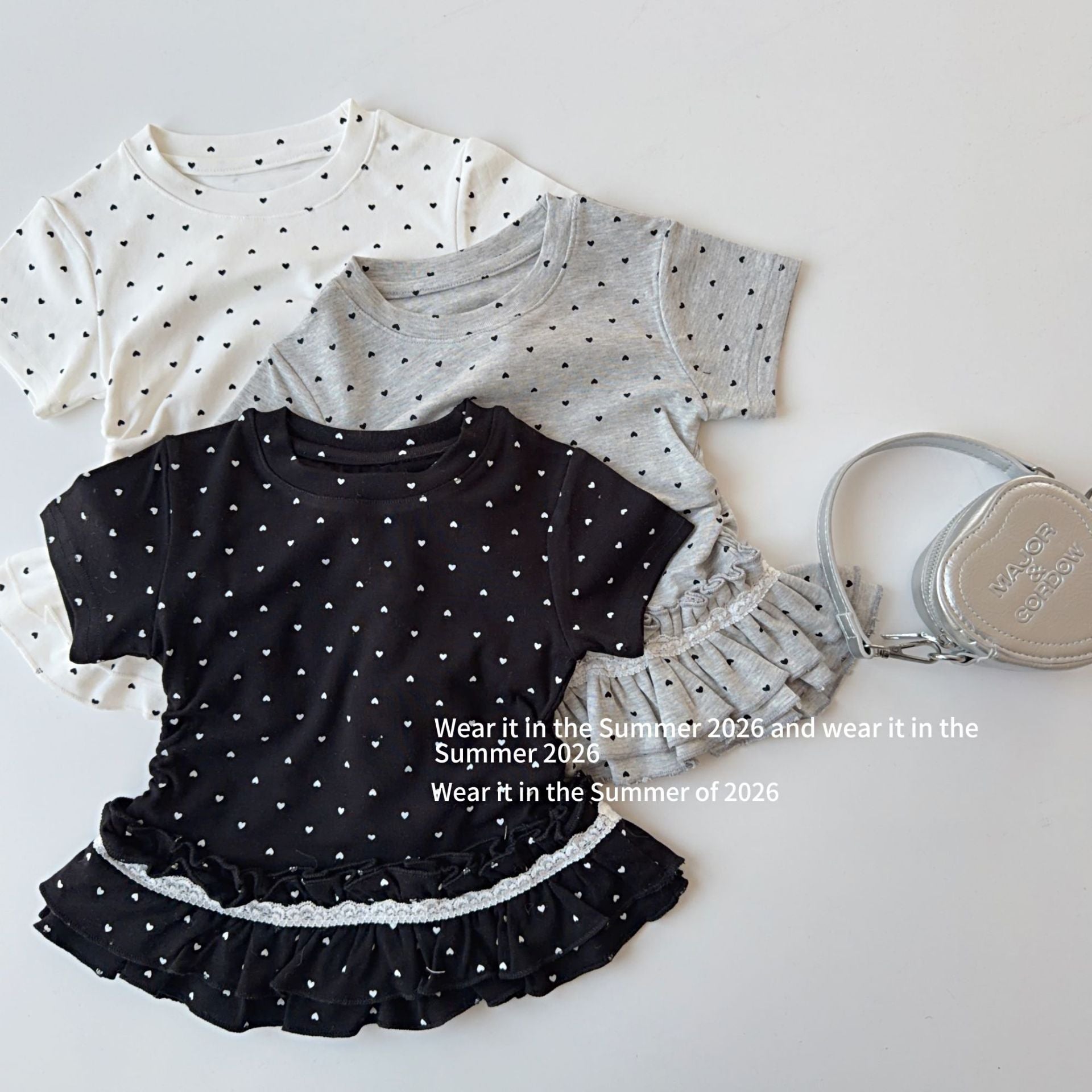 【90-150cm】愛心波點蕾絲花邊下擺上衣