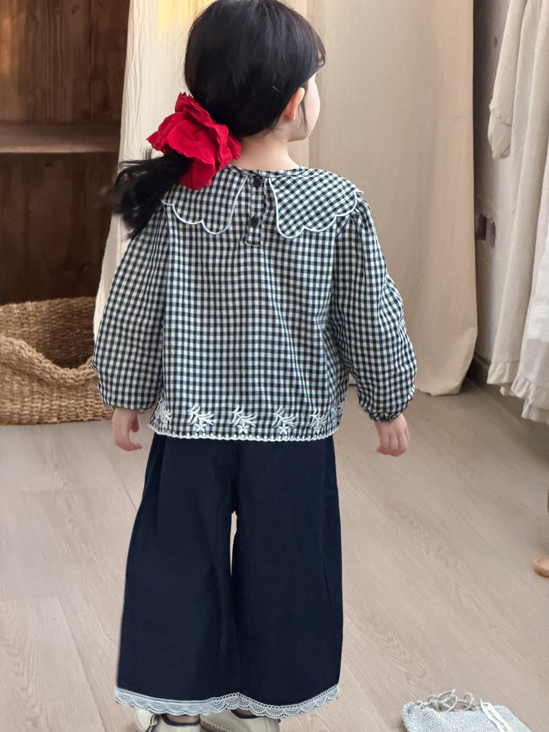 【90-140cm】重工刺繡格子襯衫