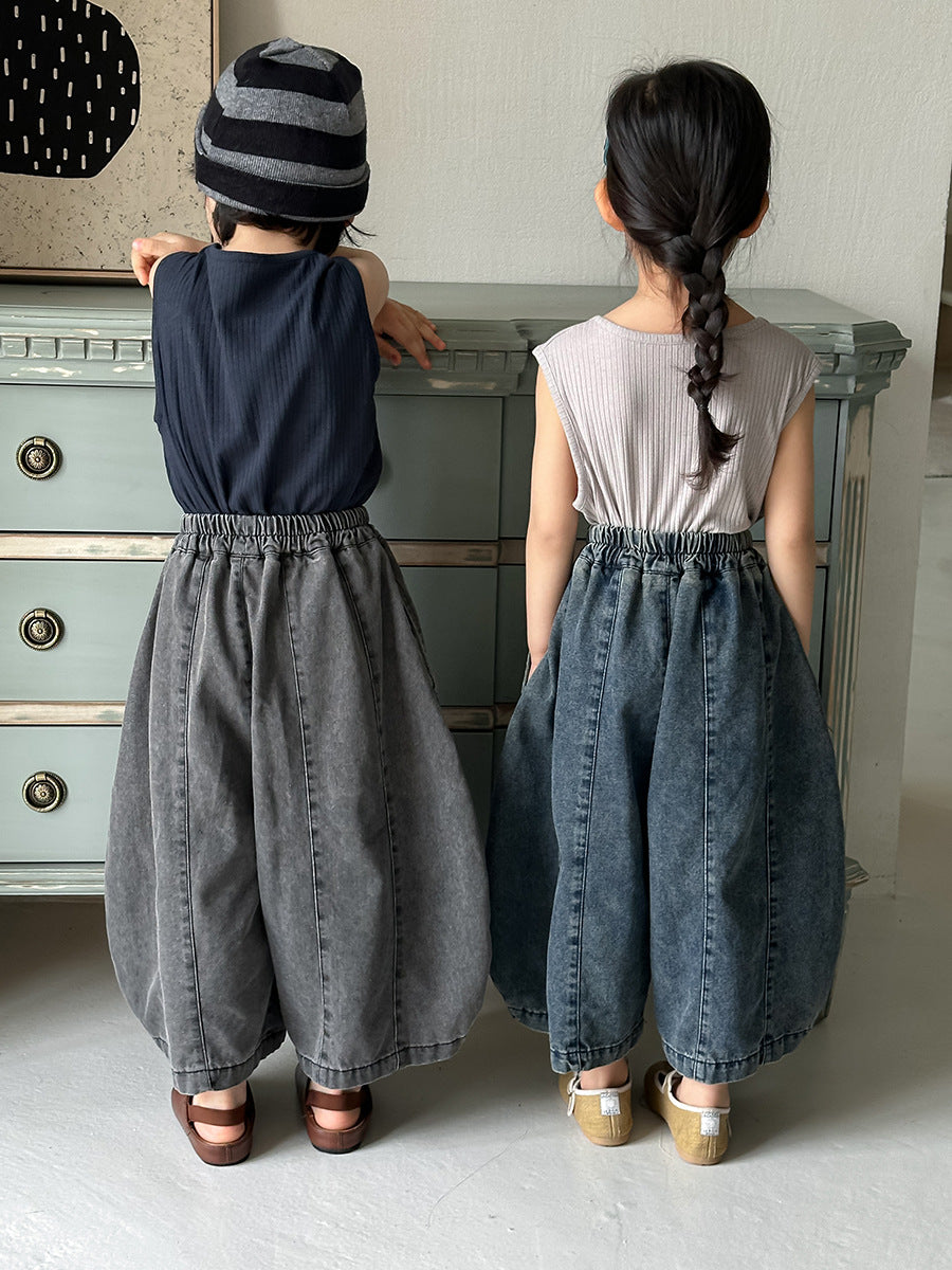 【80-140cm】拼接牛仔褲彎刀褲八分褲