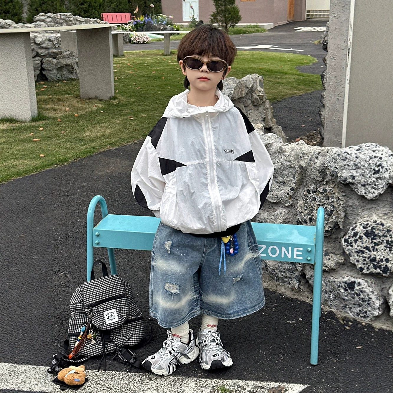 【100-160cm】黑白拼色連帽防曬外套