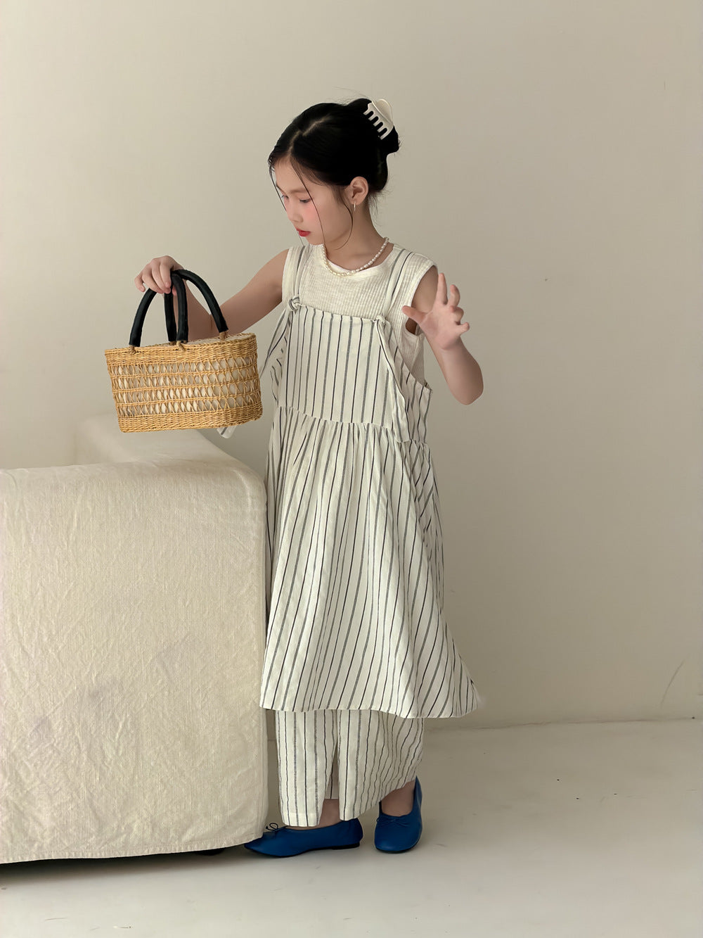 【100-160cm】韓版豎條紋背心套裝