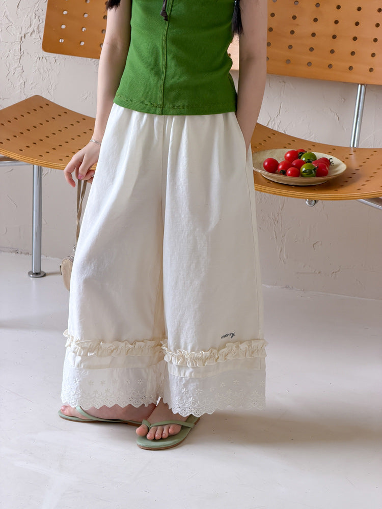 【100-170cm】甜美花邊冰感闊腿褲
