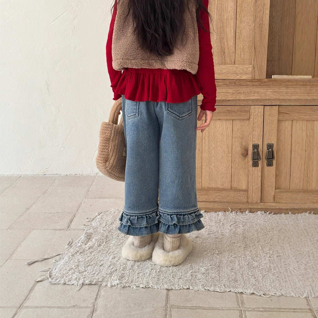 【現貨 110cm】【加絨】花邊褲腳直筒褲