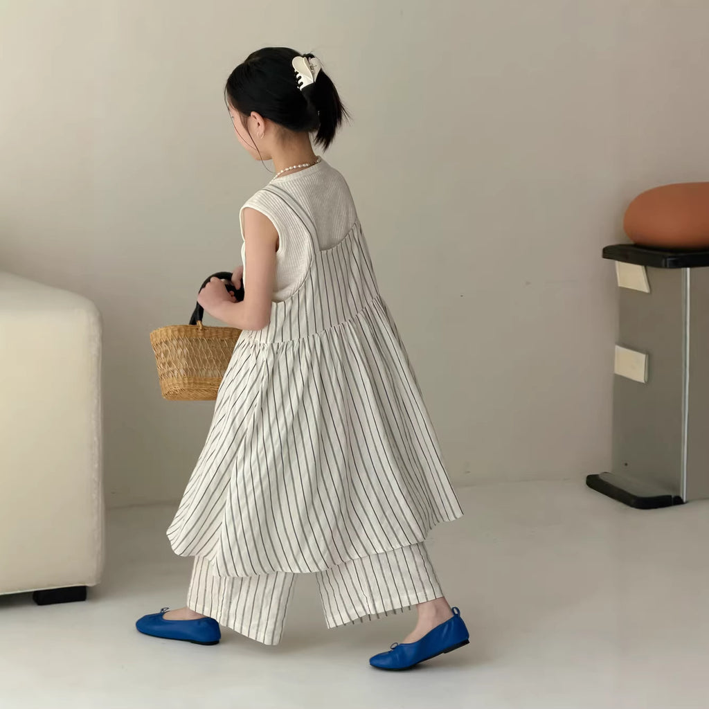 【100-160cm】韓版豎條紋背心套裝