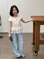 【120-160cm】破洞鑽牛仔直筒褲