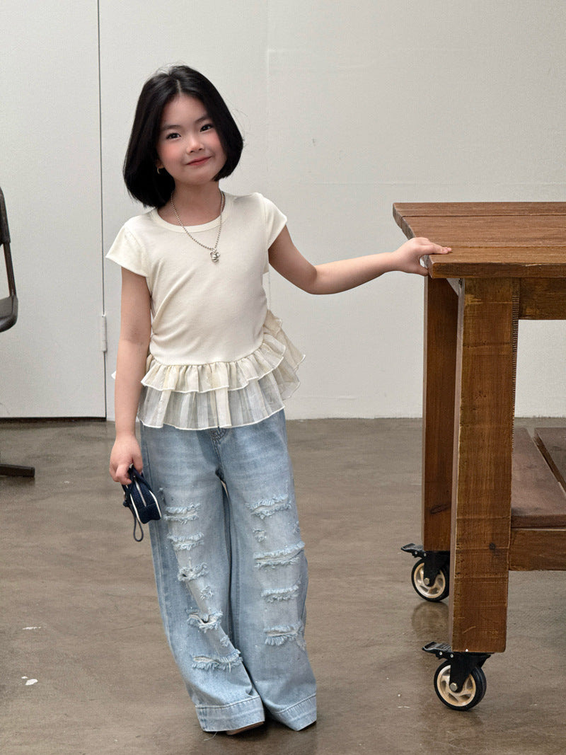 【120-160cm】破洞鑽牛仔直筒褲