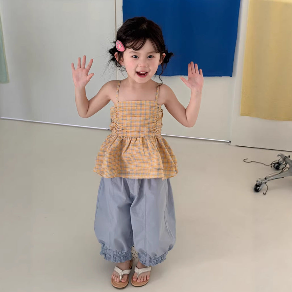 【90-140cm】韓版格子露背細肩背心