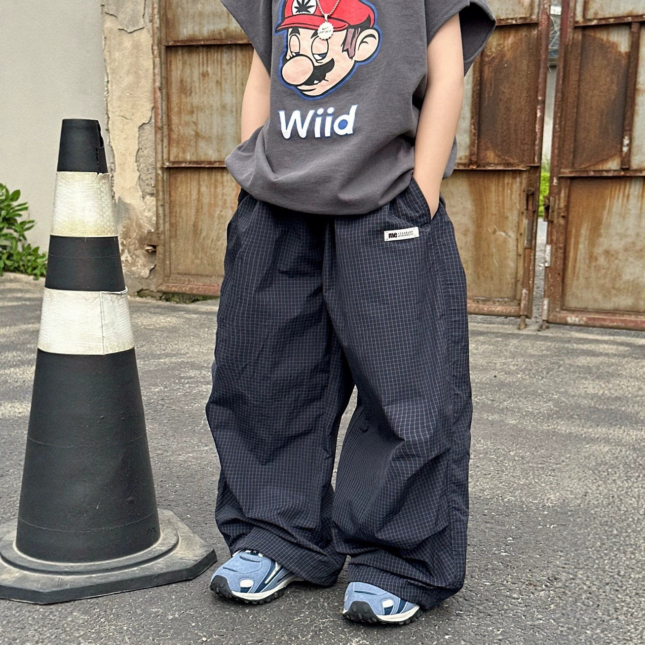 【100-160cm】小格子速乾休閒褲