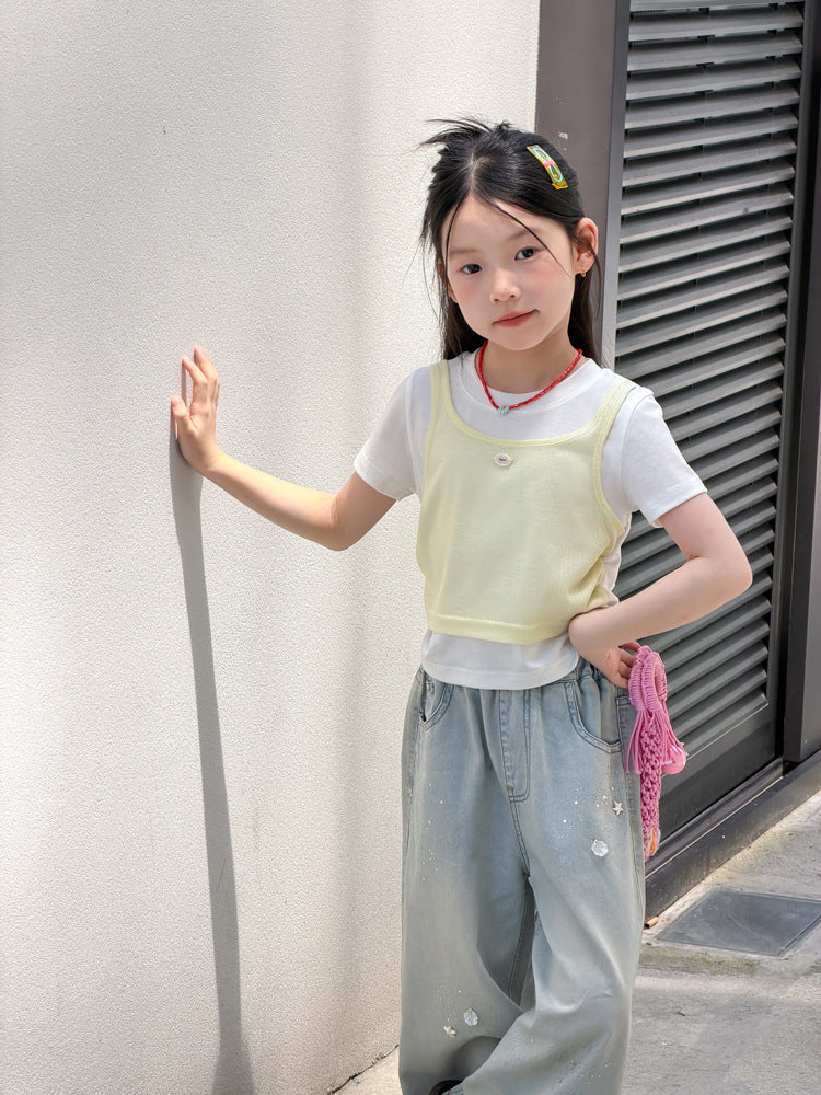 【100-170cm】萊賽爾撞色疊穿假兩件Ｔ