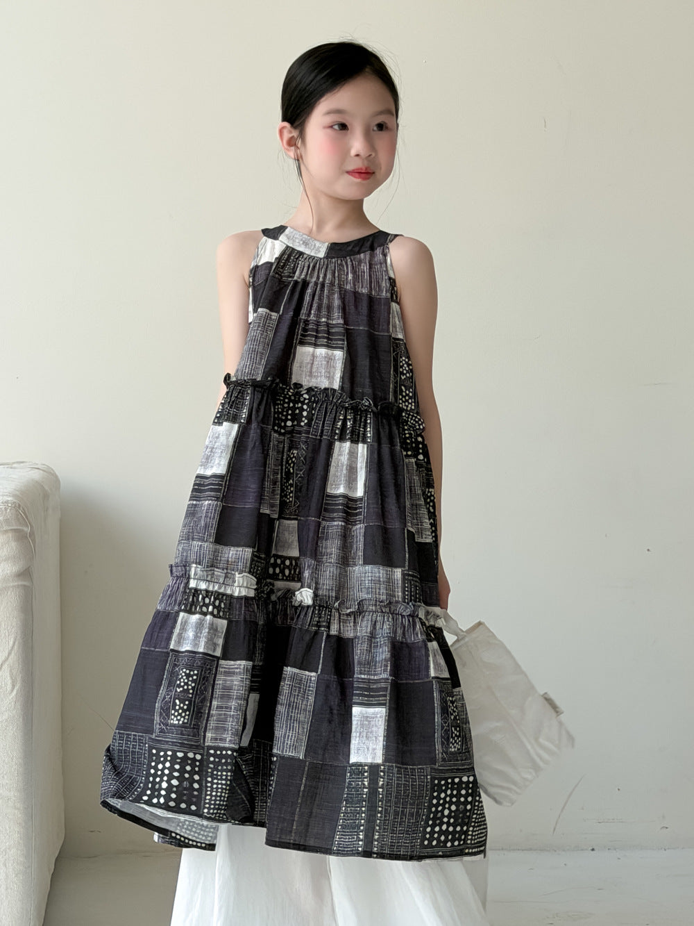 【100-160cm】韓版花邊格子掛脖連身裙