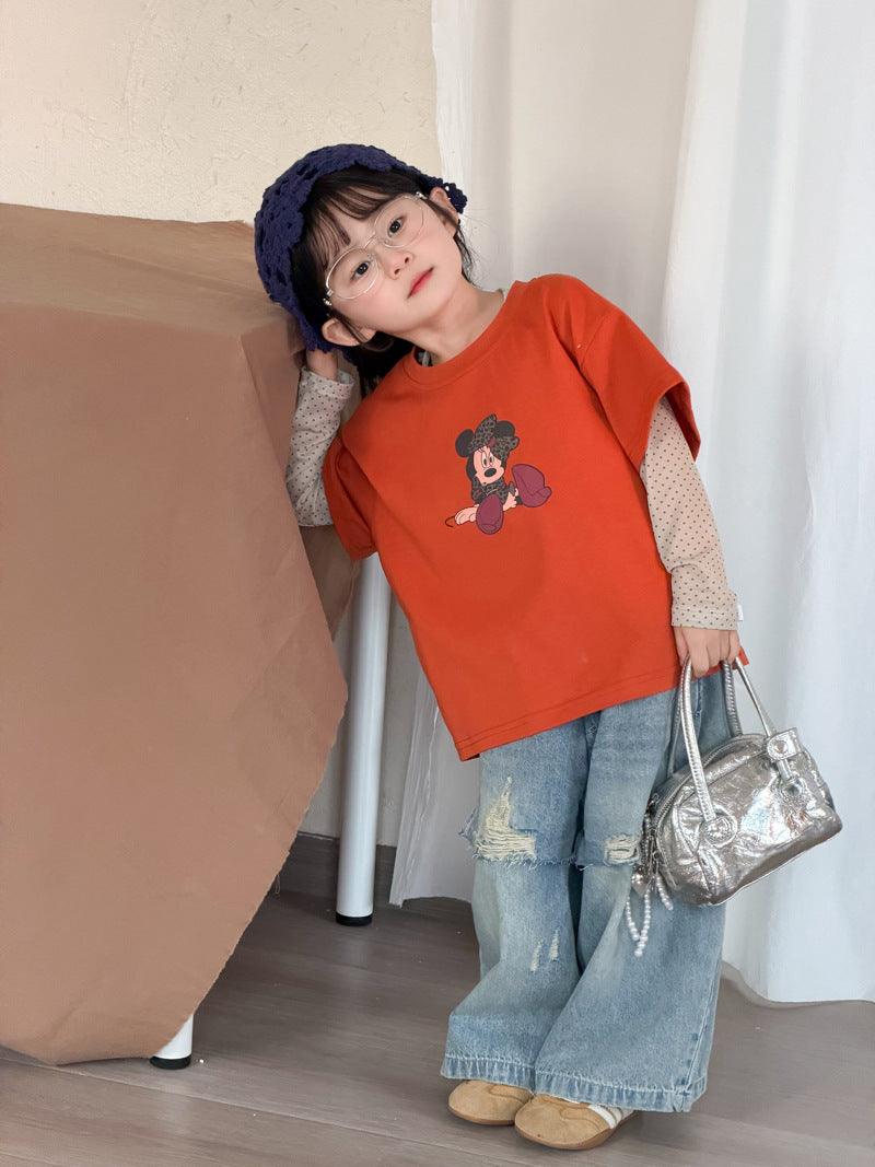 【90-140cm】時髦做舊直筒破洞牛仔褲