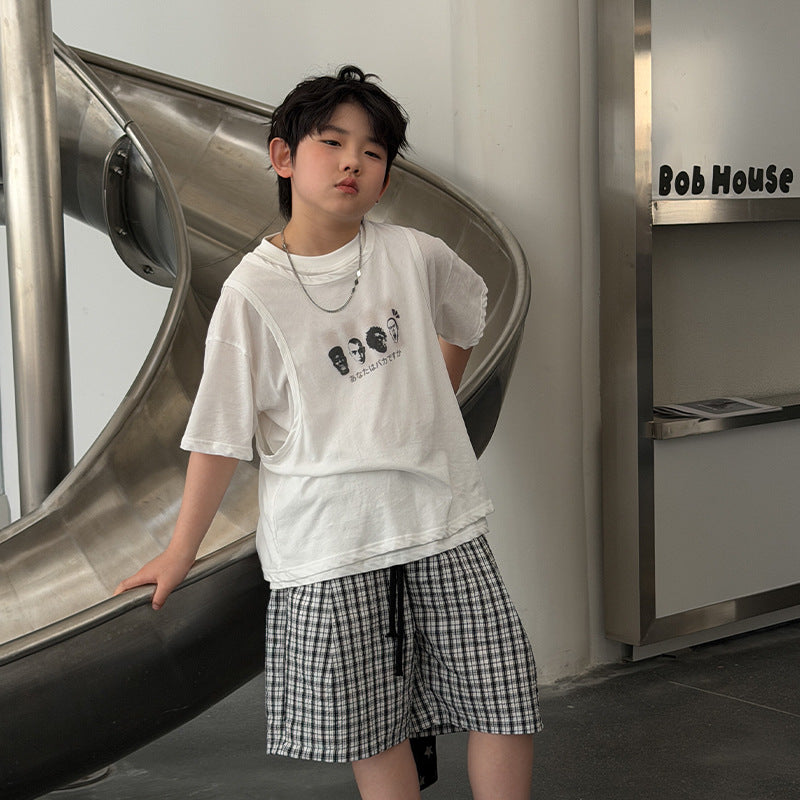 【100-160cm】韓版潮酷真兩件印花T