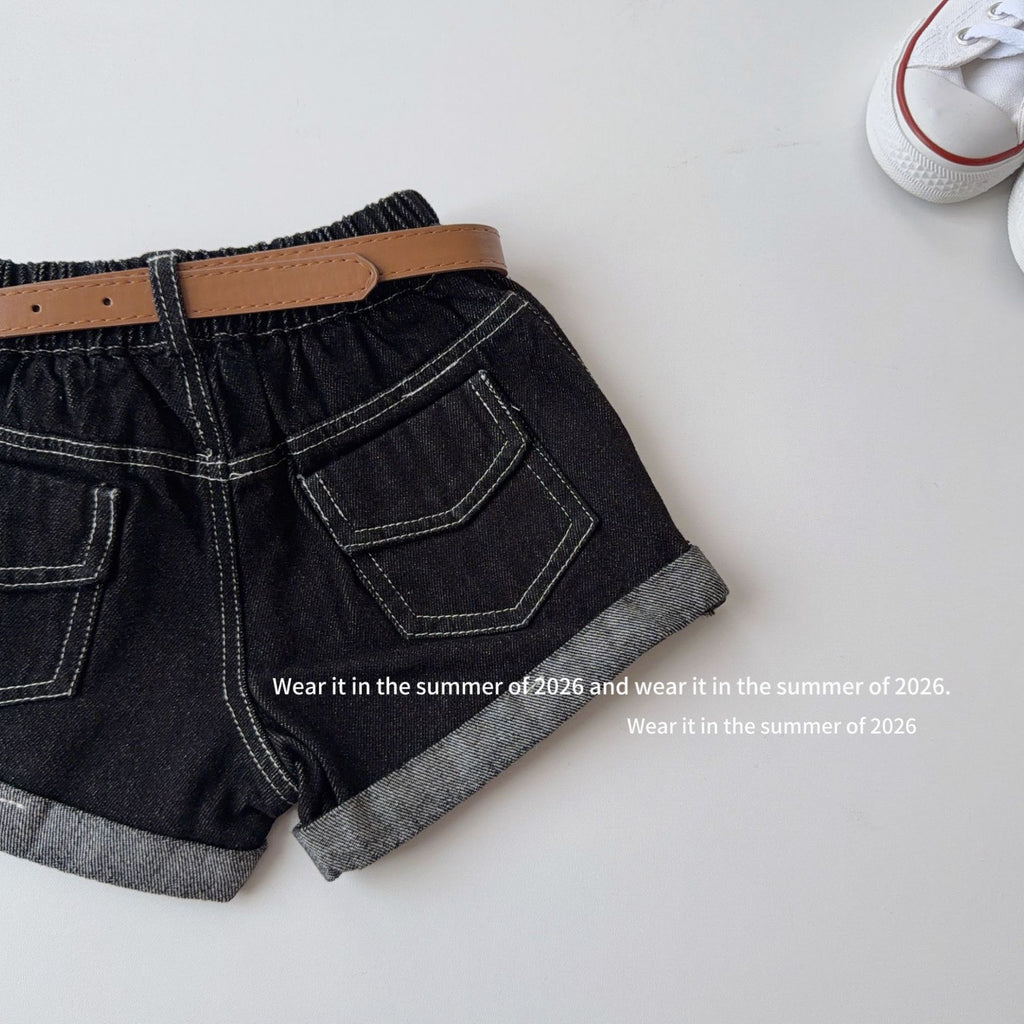 【90-160cm】【送皮帶】純色捲邊牛仔休閒短褲