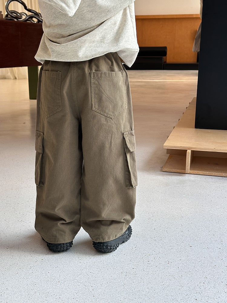 【100-170cm】水洗全棉帥氣口袋工裝褲