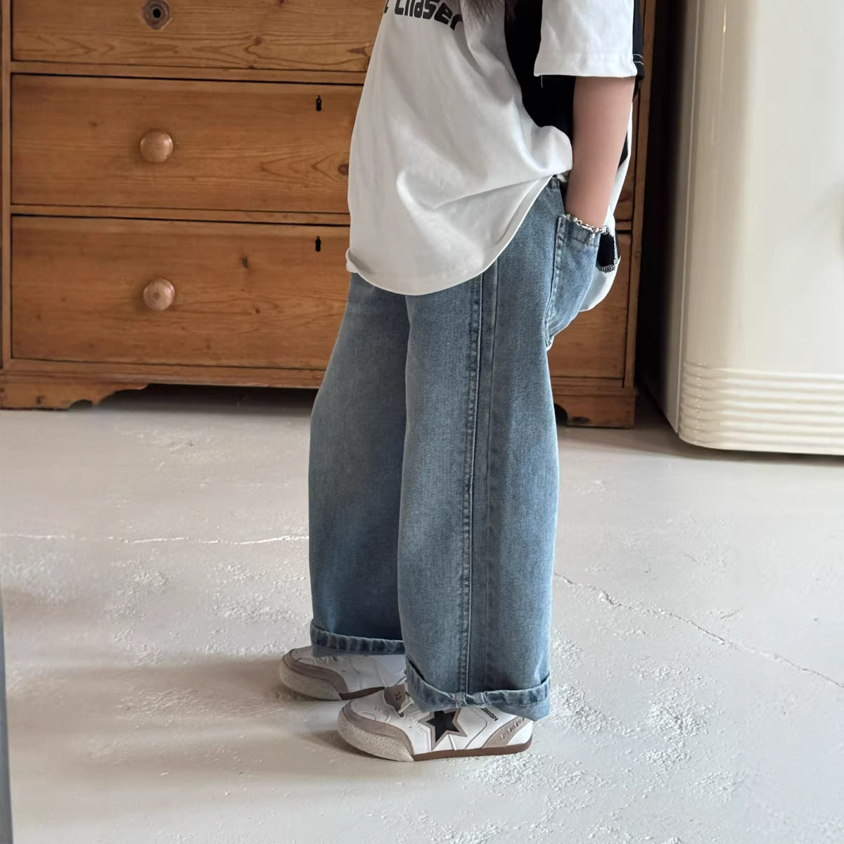 【90-150cm】美式復古做舊牛仔褲