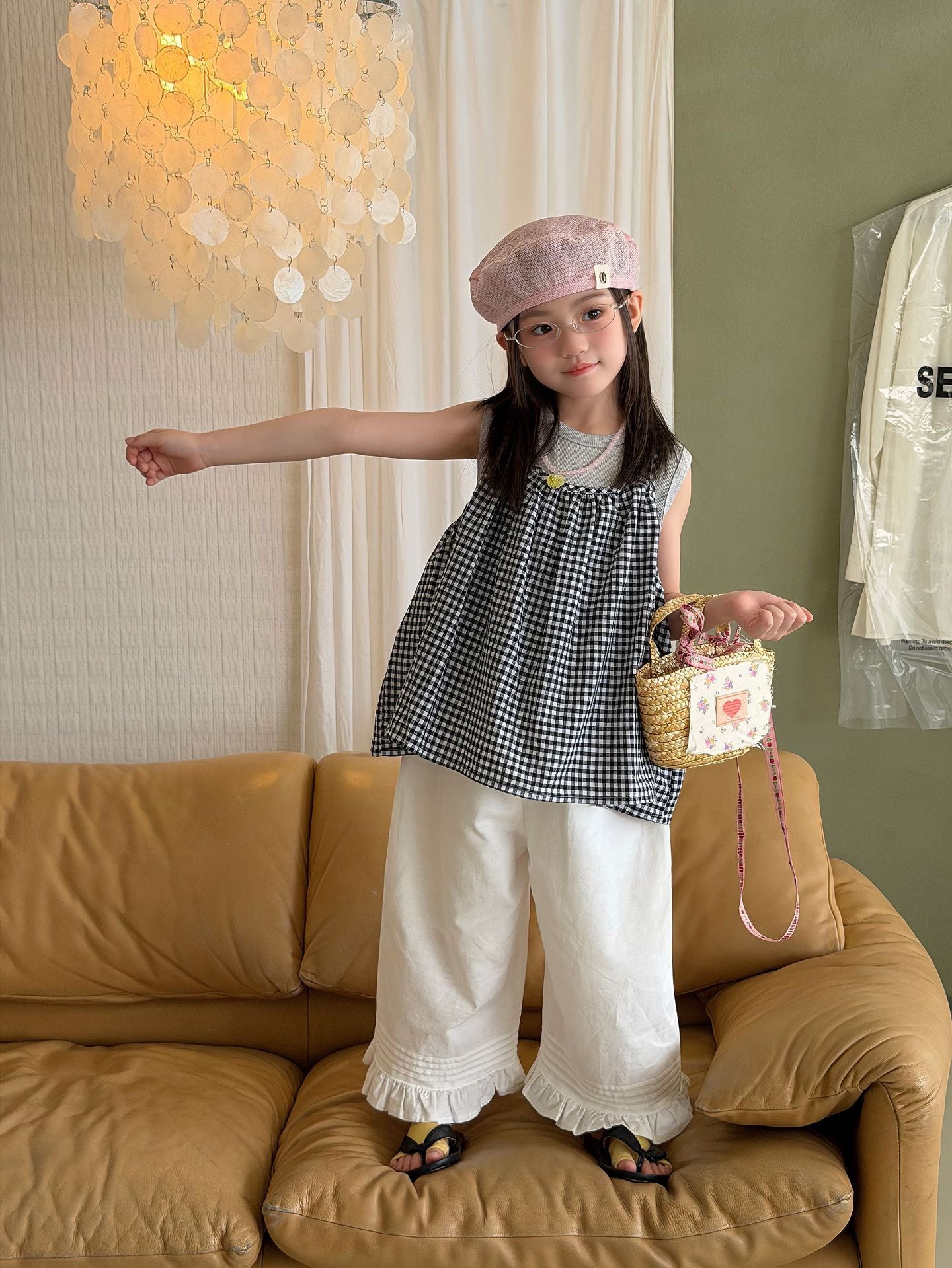 【100-160cm】韓版格紋背心兩件套