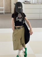 【100-150cm】卡其工裝休閒七分褲(附皮帶)