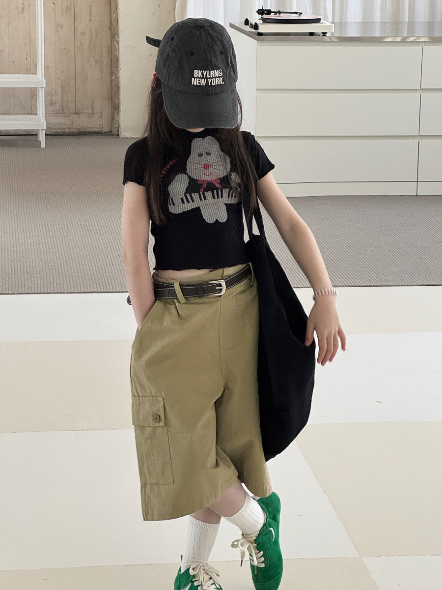 【100-150cm】卡其工裝休閒七分褲(附皮帶)