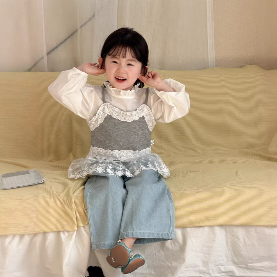 【90-140cm】小清新蕾絲花邊吊帶襯衫