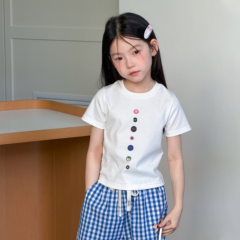 【100-170cm】韓版修身正肩彩扣T