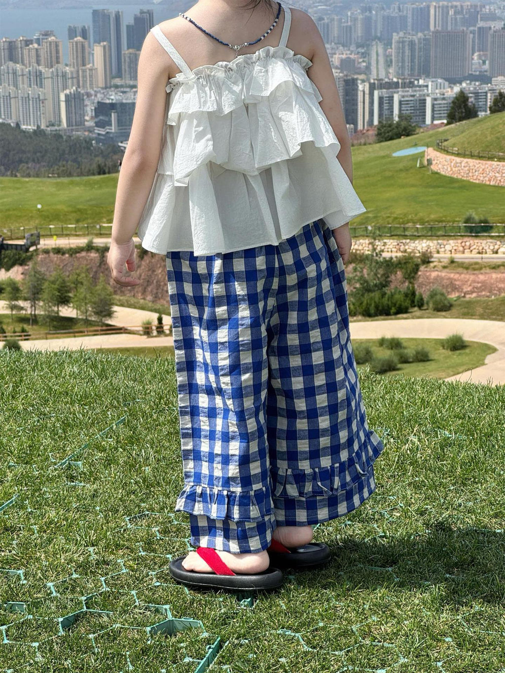 【90-140cm】法式度假風背心 | 格子花邊闊腿褲