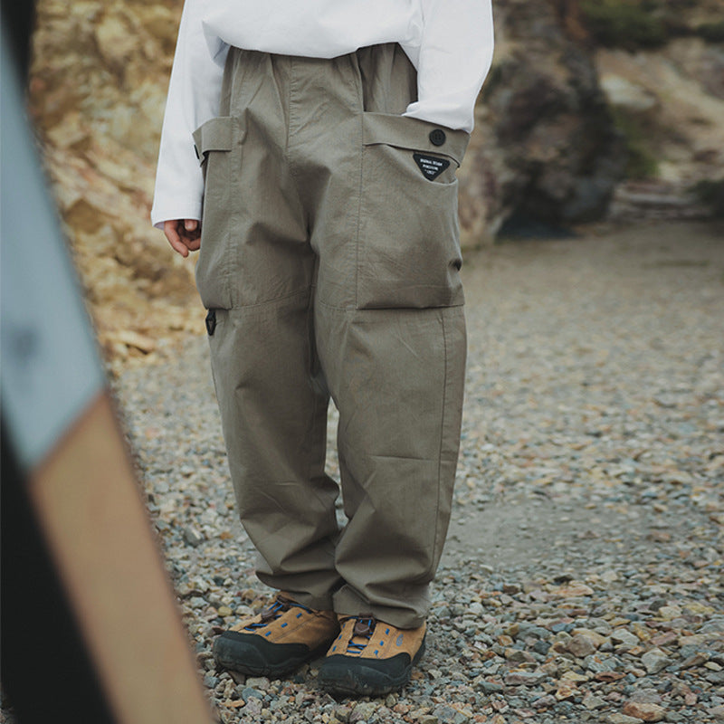 【100-160 cm】大口袋工裝褲復古直筒褲