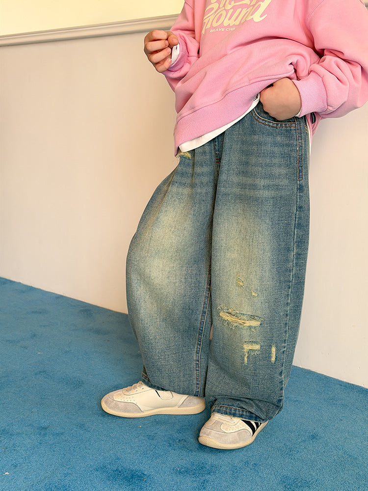 【100-170cm】帥氣砂洗棉復古彎刀牛仔褲